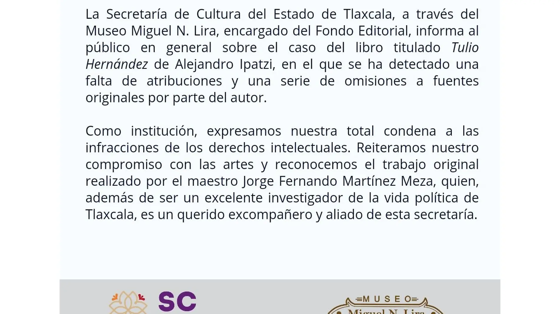 comunicado secretaría de cultura